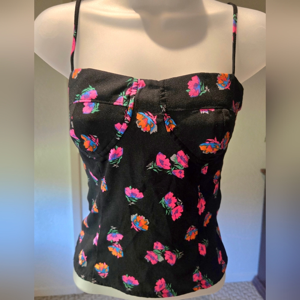 Wayf Black Floral Smocked Bustier Top